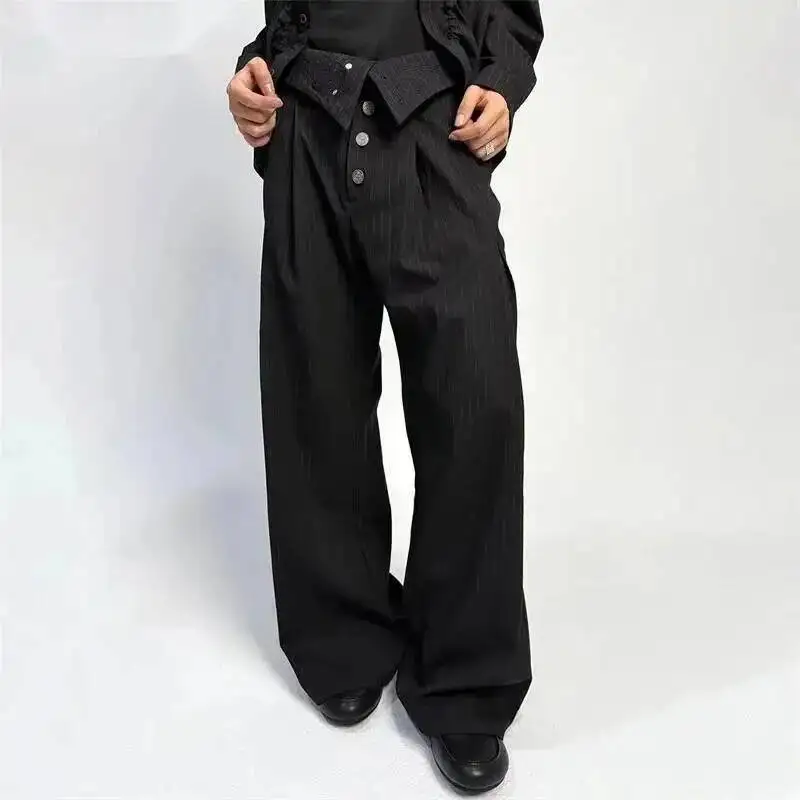 Vintage Men's Embroidery Wide Leg Pants Notch Lapel Pleated Casual High Street Premium Formal Trousers 9XUKXD