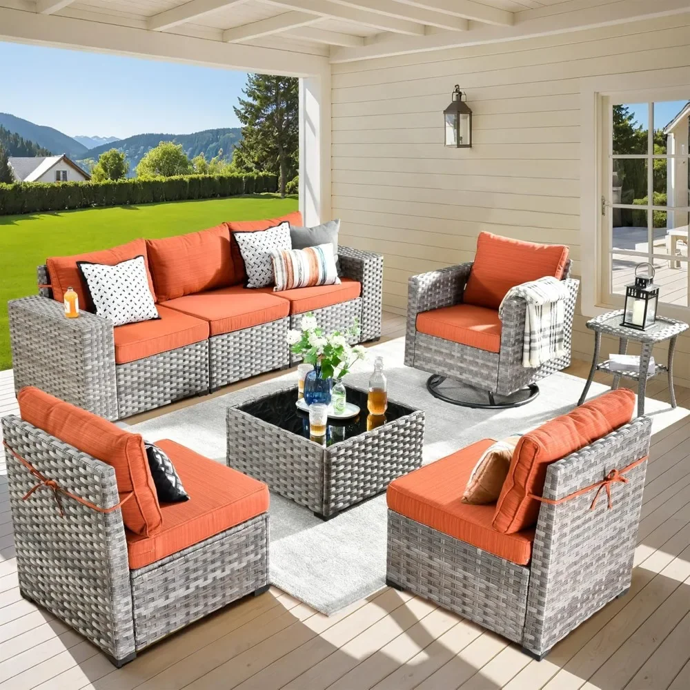 Outdoor Sectional Sofa, Sofa with Swivel Rocking Chairs, Wide Arms and Deep Seat, Wicker Rattan 8 Pieces Patio Furniture Set