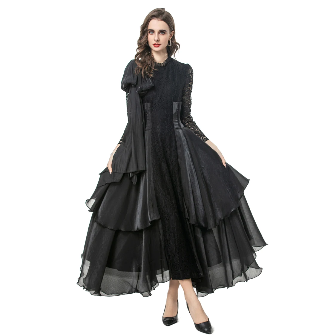 Vestido feminino com babados, gola drapeada, mangas compridas, babados em camadas, elegante, moda, vestido de festa