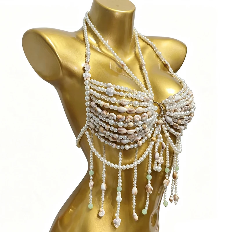 Handmade Festival Bra Top Mermaid Bridal Chest Statement Blue Gemston Crystal Body Chain White Shell Pearl Beaded Bralette - view 4