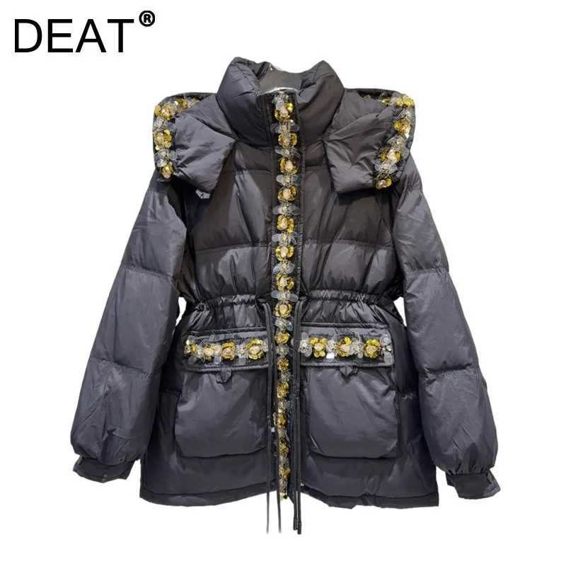 DEAT Women's Cotton-padded Coat Hooded Gol Sequins Edge Drawstring Waist Thick Quilted Jacket 2025 Spring New Fashion 29L8766