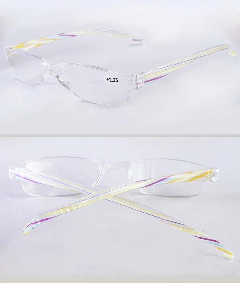 +1,0 ~ +4,0 Tragbare Weitsichtbrille Unisex Ultraleichte Lesebrille Rahmenlose Lesebrille aus Kunstharz mit halbem Rahmen – Detail 16