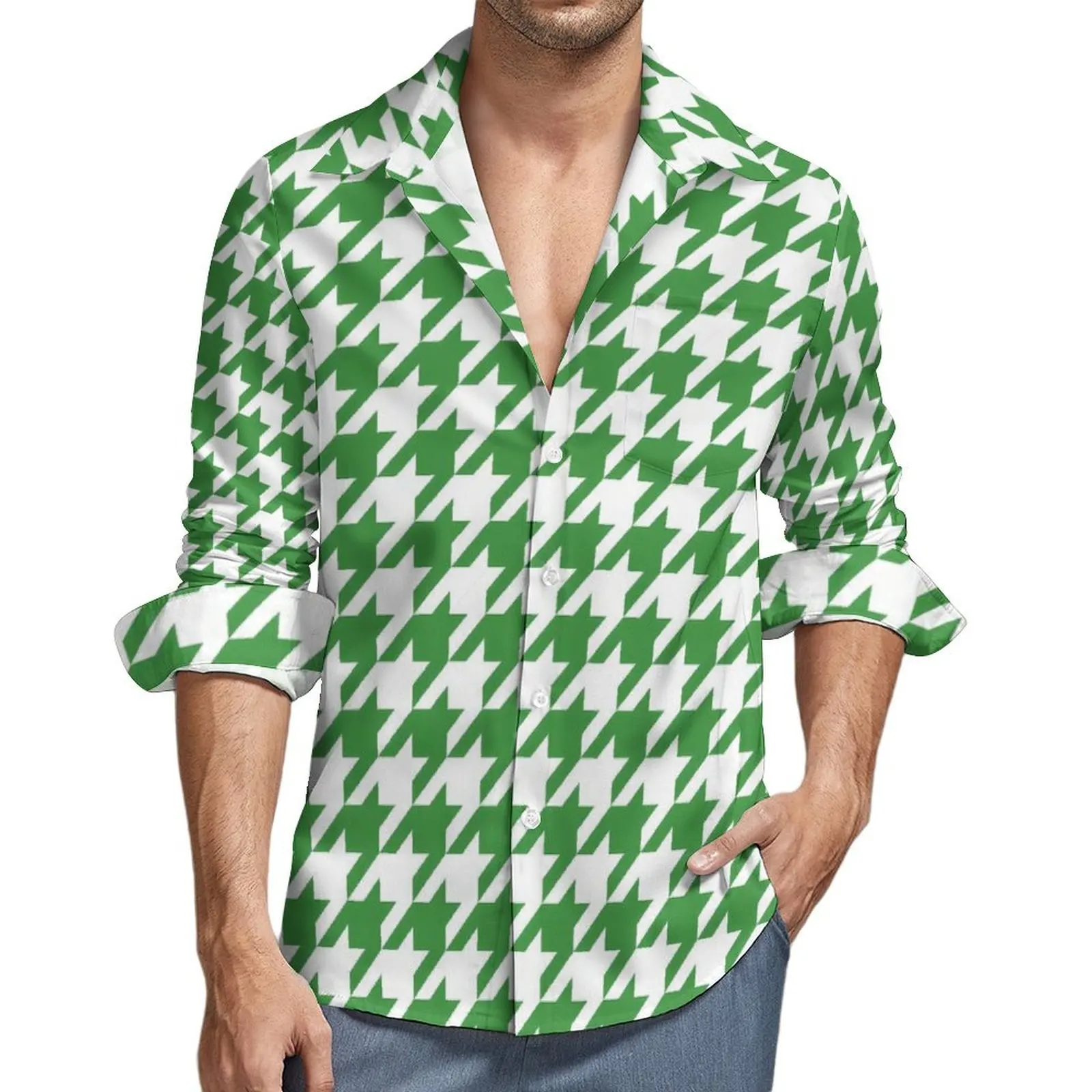 

Vintage Stylish Blue Houndstooth Blouse Mens Vintage Print Shirt Long Sleeve Casual Shirts Spring Graphic Comfort Clothing Shirt