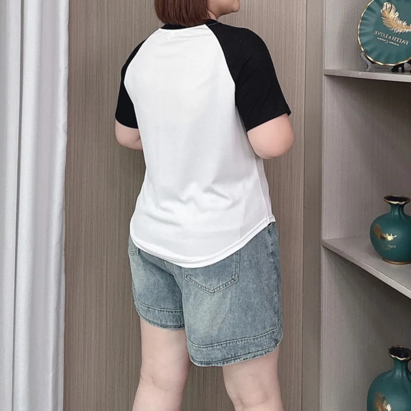 Retro Style With Raglan Sleeve T-shirt For Women 2024 Summer New Plus Size Casual Slim Tops