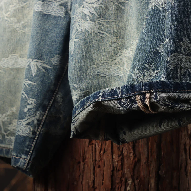 2025年夏トレンドブランド高級ウォッシュドジャカードデニムショーツ メンズ、ルーズストレートレッグペンタグラムショーツ