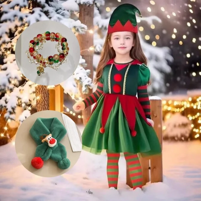 

Christmas Spirit Elf Cosplay Costume Green Long Dress Cute Princess Dresses Stage Performance Outfits for Girls Xmas Party