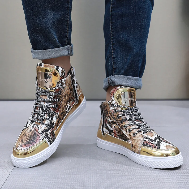 New Golden Snake Pattern Leather Man Skateboard Shoes Light Original Men's Skate Shoe High-top Zipper Design Male Casual Sneaker