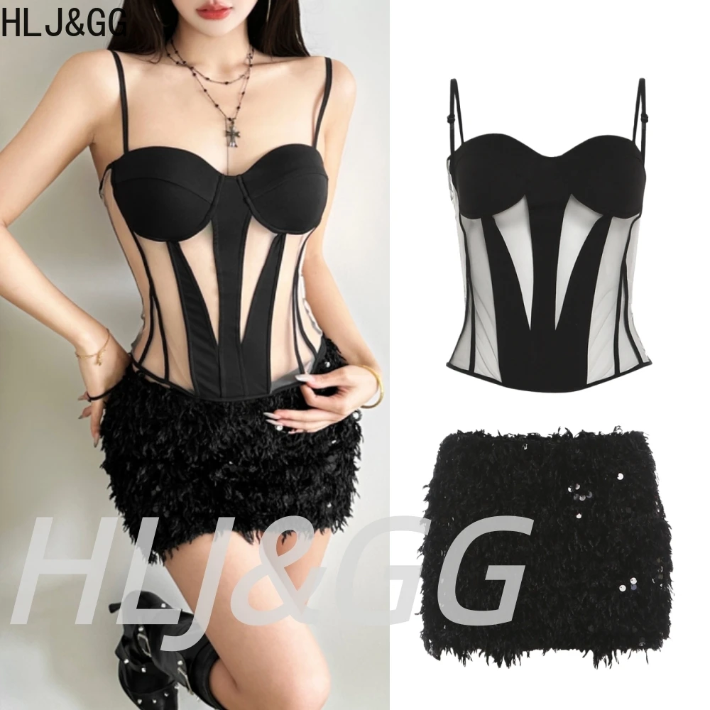 

HLJ&GG Black Sexy See Though Punk Gothic Two Piece Sets Women Spaghetti Strap Sleeveless Tank Top And Mini Skirts Outfits Street