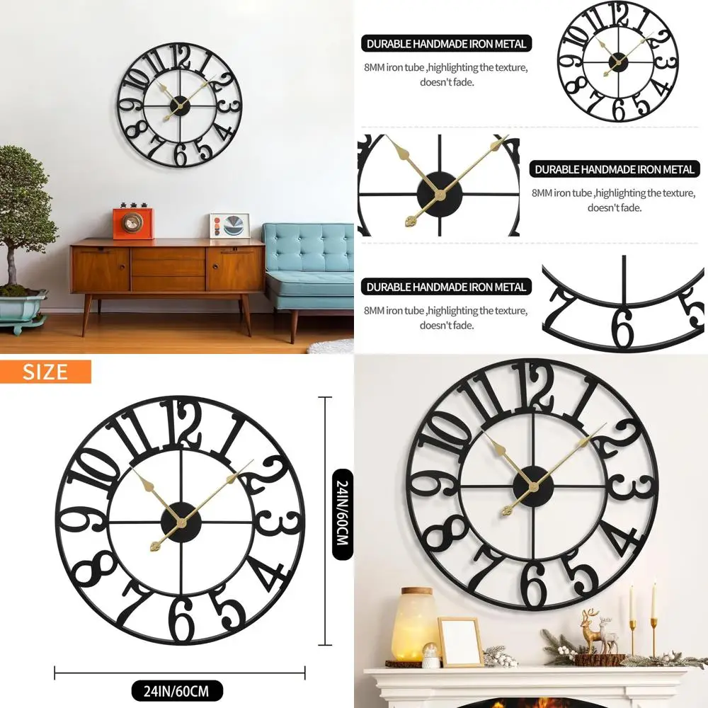 

Бесшумные настенные часы в винтажном стиле, работающие от батареек, 24 дюйма, черные, с арабскими цифрами, подходят для гостиной, спальни