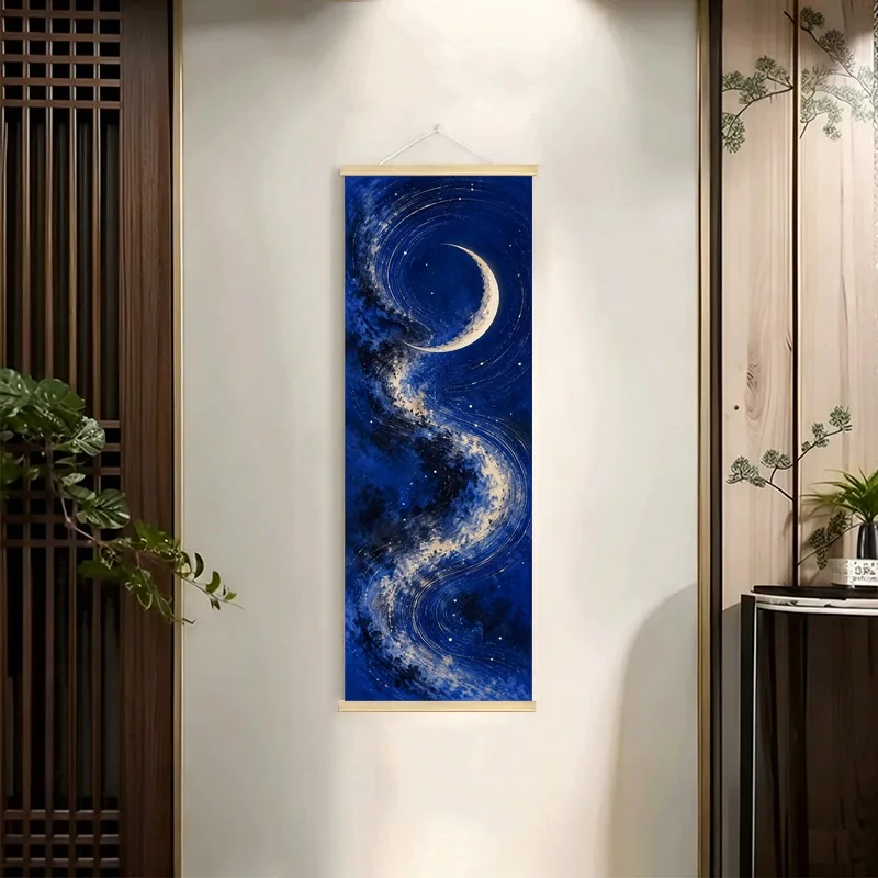 Comet Crescent Moon and Eclipse Hanging Scroll with Dramatic White Celestial Motifs on a Deep Blue Ground for a Bedroom