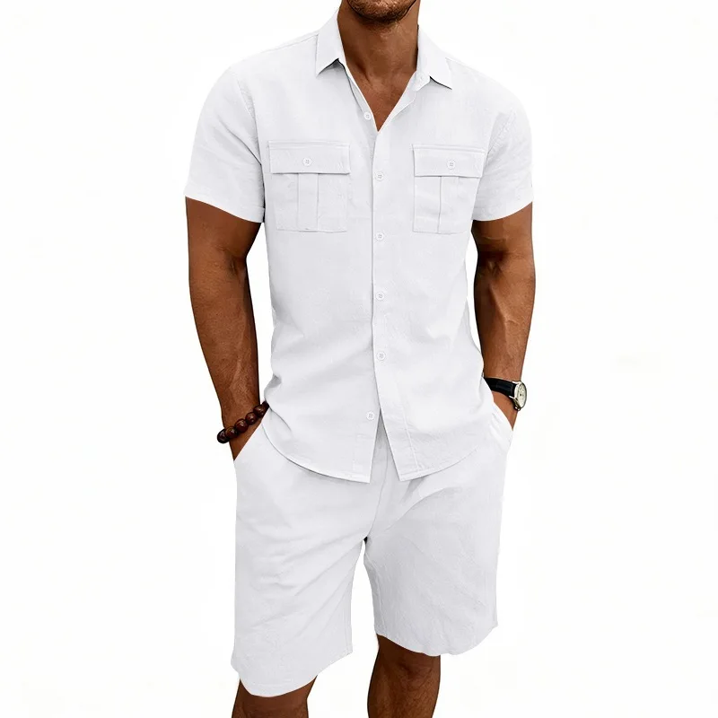 

Cross-border summer men's linen outdoor leisure commuter tooling short-sleeved shirt beach shorts set wholesale