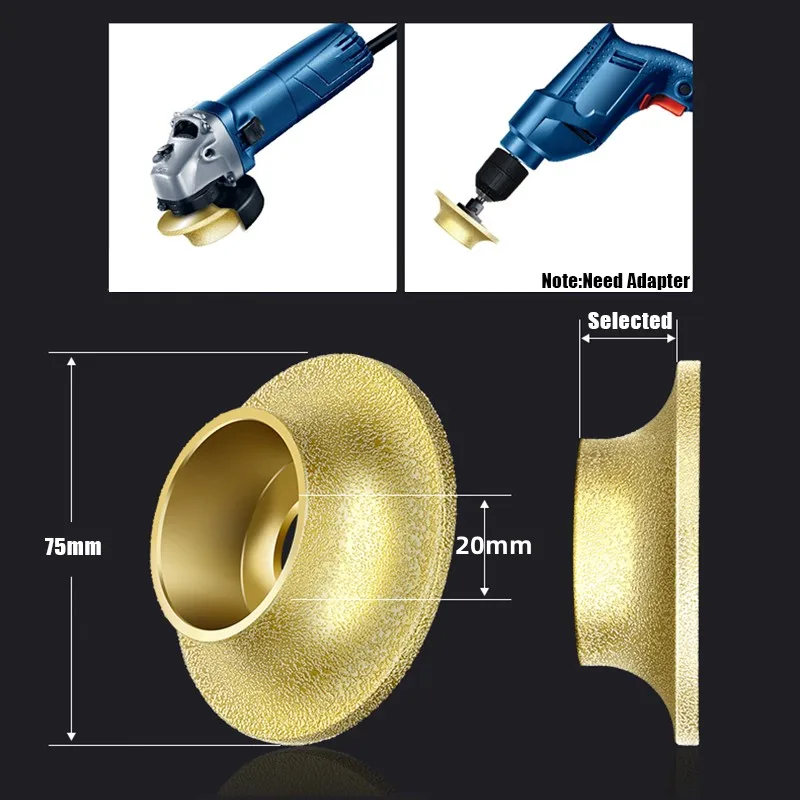 Muela de diamante soldado al vacío, disco de molienda de perfil de borde demi-bullnose, borde de mármol, diámetro de 20mm, 3 pulgadas, 75mm, Francia