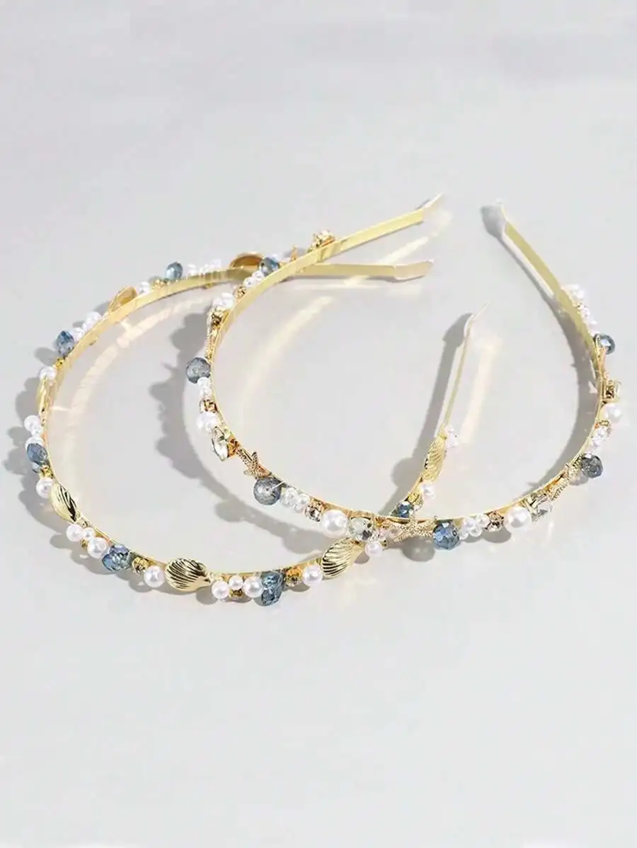 

Повязка на голову с жемчугом и кристаллами в морском стиле с ракушками и морскими звездами для женщин, винтажный богемный аксессуар для волос