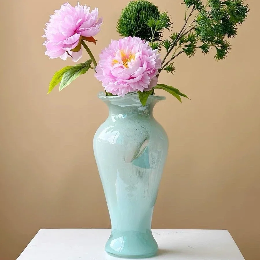 

CL blue transparent glass vase Chinese style retro lace flower ornament living room entrance arrangement