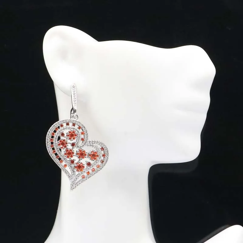 47x30mm Beautiful 14.2g Big Heart Shape Black Onyx CZ Orange Spessartine Garnet Pink Kunzite Silver Dangle Earrings 2