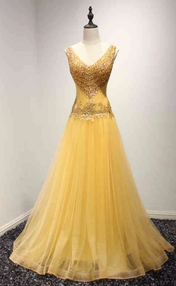 ANGELSBRID A-Line V-Neck Yellow Prom Beading Lace Up Chiffon Backless Saudi Arabia Wedding Dress Formal Vestido De Noiva