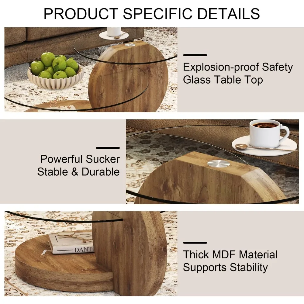 42 Inches Glass Coffee Table, Modern Round Tempered Glass Coffee Tables for Living Room, 3-Tier Circle Wood Coffee Table with St