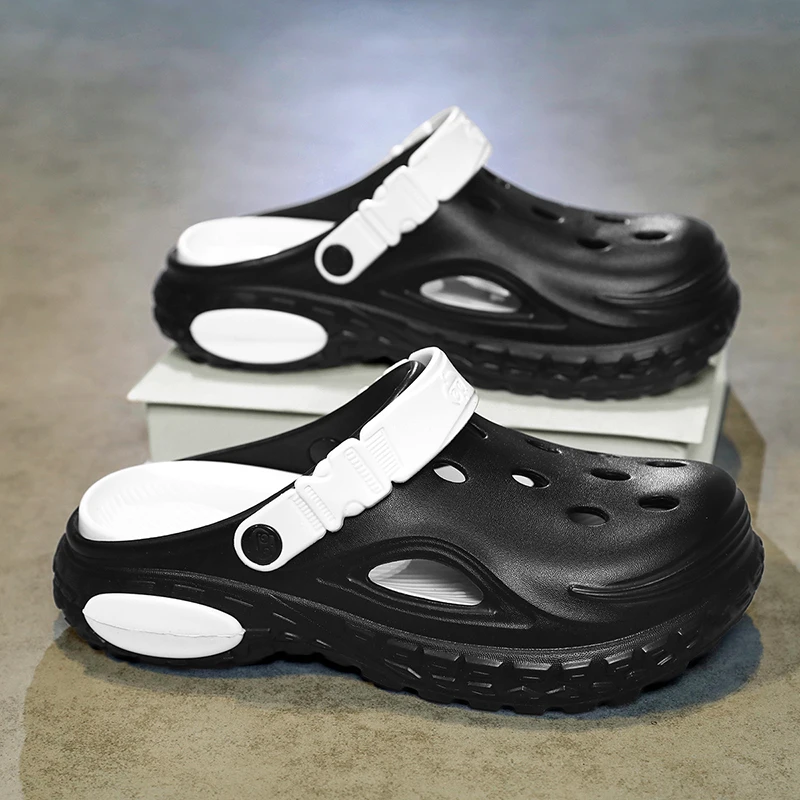 Herren-Hausschuhe aus PU-Leder mit Löchern, Rutschfeste Mules, Dicke Weiche Plateausohle, Modische Bequeme Herren-Sandalen, Sommerschuhe
