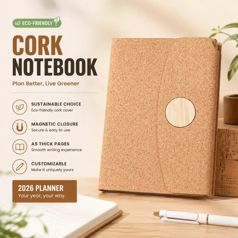2026 New‑release Eco‑conscious Notebook Cork Magnetic Closure Planner Thick‑paged A5 Memo Book for Journaling Planning Daily