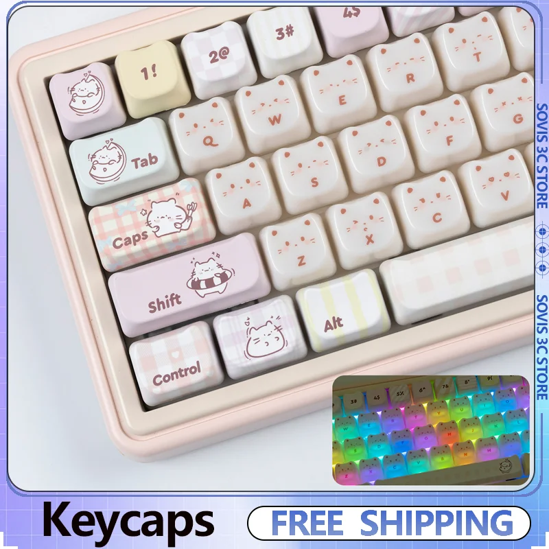 

Cute Foodie Cat Keycaps MAO Profile Keycaps Smooth Pbt+Pc Translucent Custom 134 Keys Key Caps for X87 F99 Mechanical Keyboard
