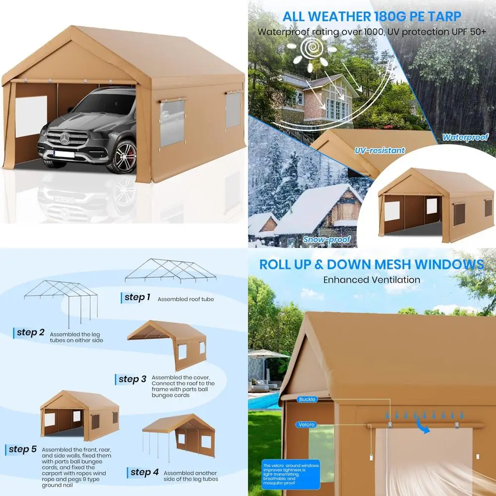 

carport 12x20 heavy duty portable garage,carport canopy with roll-up windows & doors,portable garage and shelter with removable
