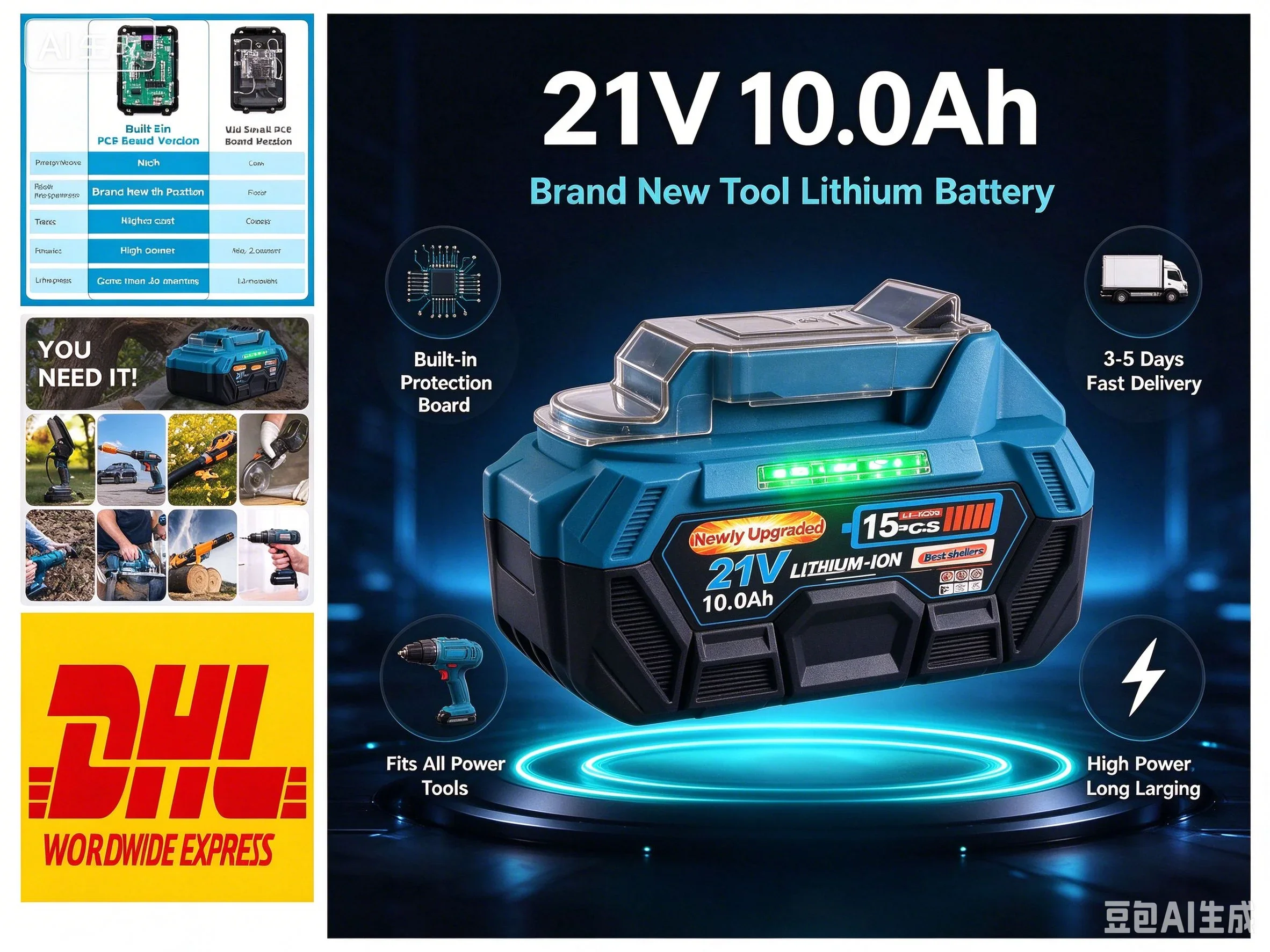 Batteria al litio 21V 10Ah di nuova generazione, batteria per utensili elettrici ad alta potenza e lunga durata, consegna rapida in 3-5 giorni, compatibile con gli utensili elettrici a batteria della