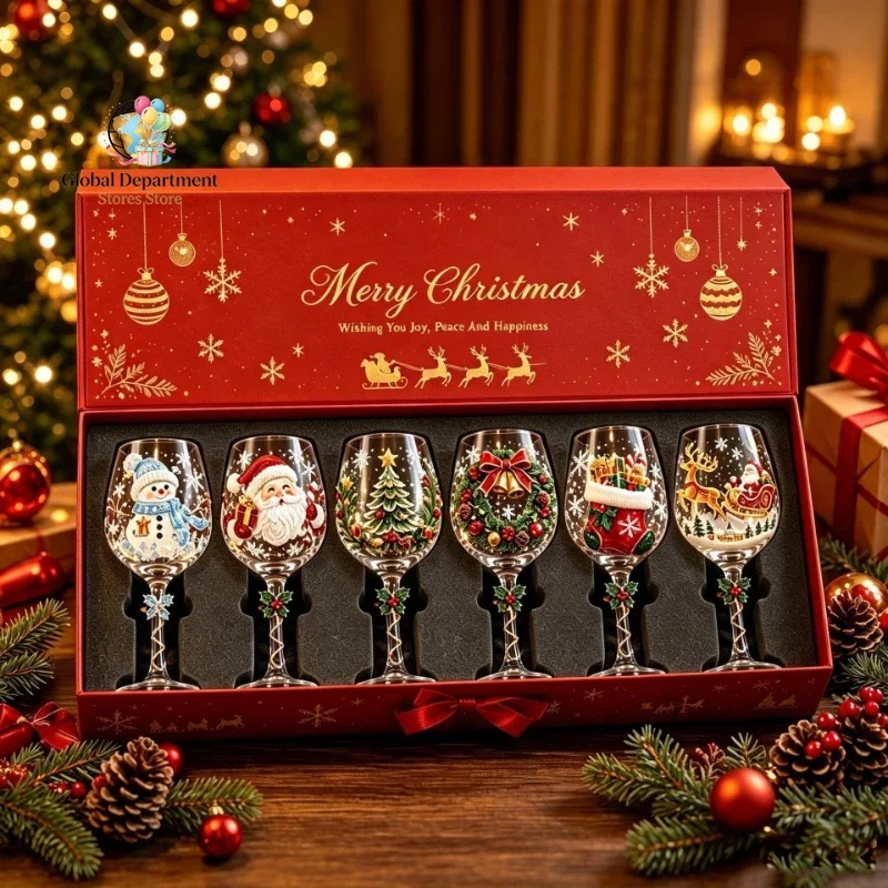 Christmas Painted Goblet Wine Glass Santa Snowman Pattern Glass Cup Home Xmas Party Holiday Drinkware Decor Gift