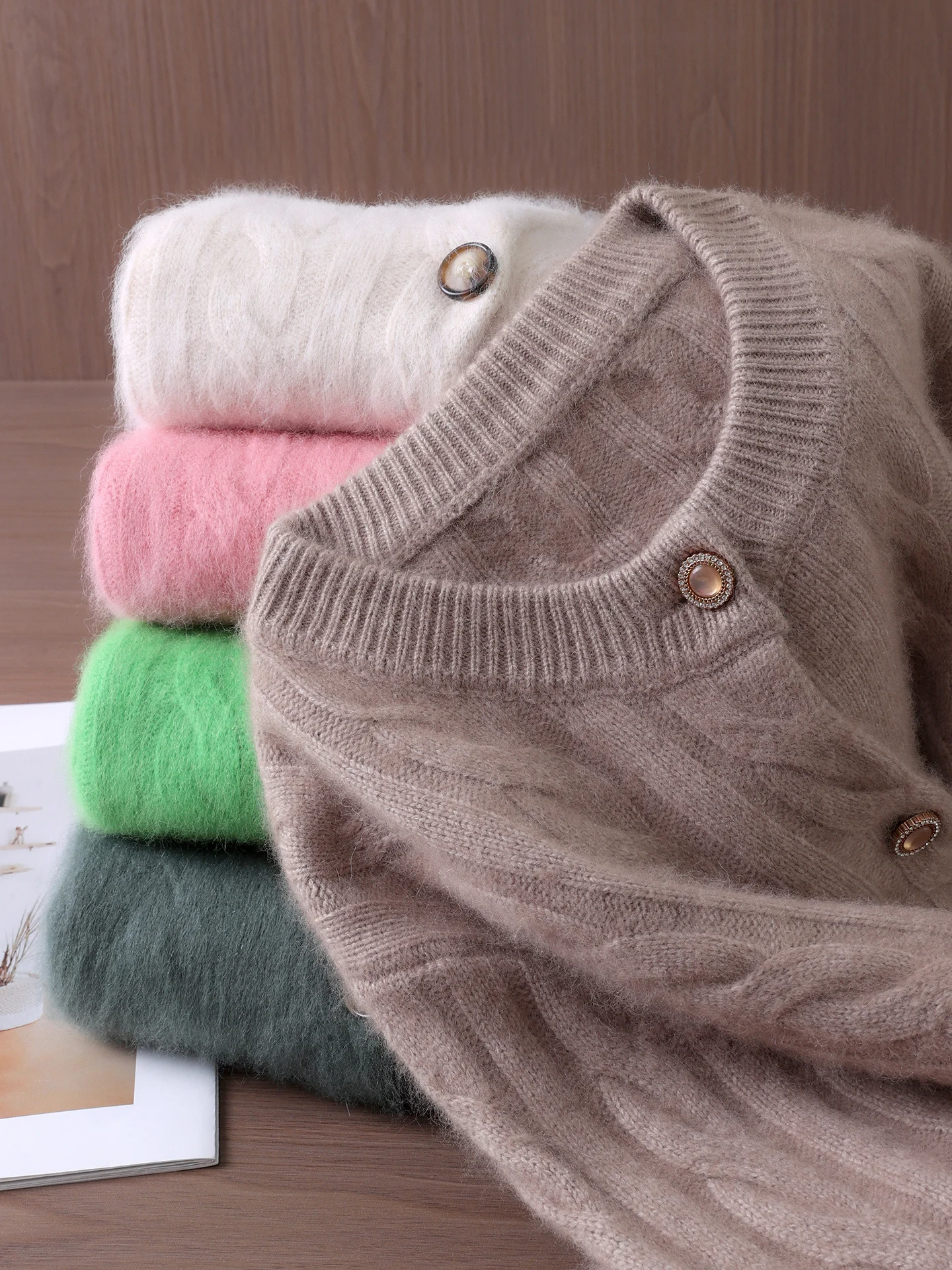 

Cable Stitch Cardigan Soft Warm Casual Loose Women's O-Neck Autumn Winter 100% Mink Cashmere Sweater Exquisite Clothing Tops