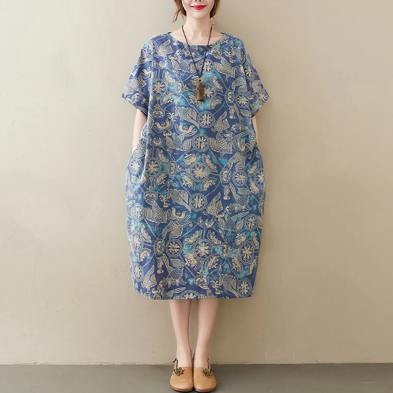 Stampa floreale in cotone e lino Batwing Sve round Ne Midi Dr plus Size Donna Comoda vestibilità ampia Estate Dr