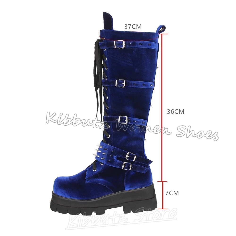 Velvet Knee High Boots Platform Leather Belt Buckle Lace Up Women Shoes Round Toe Chunky Heels Fashion Luxury Concise Sexy New view 5