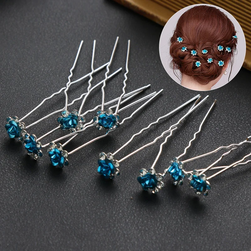 20Pcs Metal U-shaped Hairpin Crystal Flower Bridal Tiara Hair Jewelry Hair Clip Fork Wedding Headpieces Hair Stick Accessories