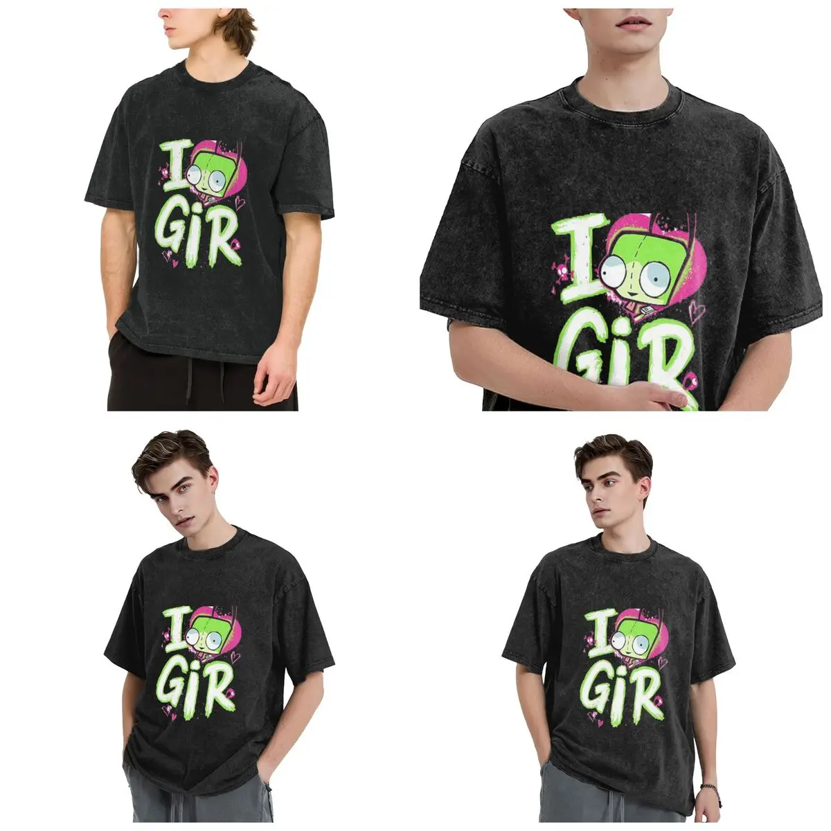 Invader Zim Valentine's Day I Love GIR Hip Hop Short Sleeve T-Shirts Washed Tops Tees Streetwear T Shirt Harajuku for Men Women