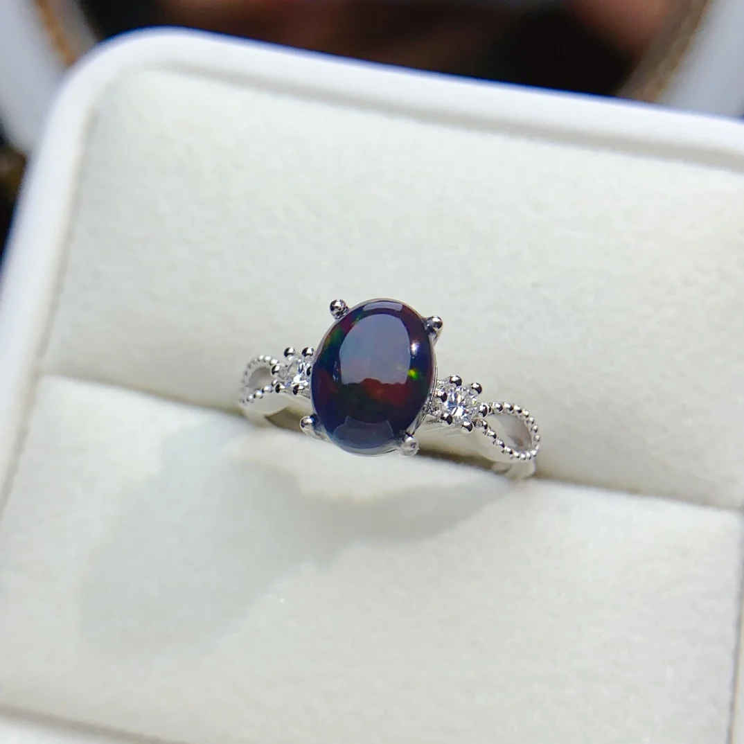 FS S925 Sterling Silver Inlay 7*9 Natural Black Opal Fashion Ring for Women Fine Charm Weddings Jewelry With Certificate MeiBaPJ