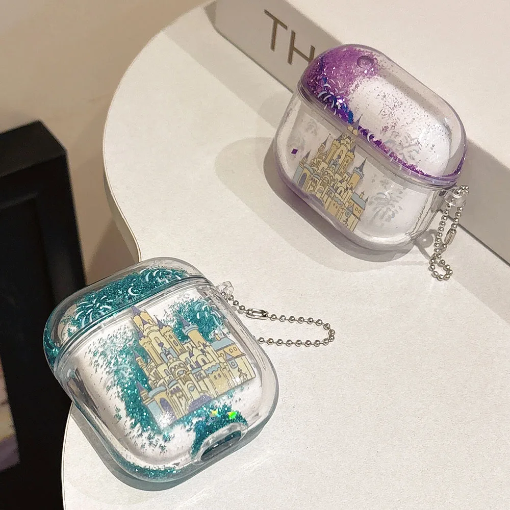 Dreamy Castle Quicksand Glitter Case For AirPods 4 ANC for Apple AirPods 1 2 3 Pro Pro2 Earphone Protective Cover with Keyring