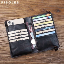 Vintage Genuine Leather Long Purse Wallet Cowhide Card Slots Zipper Money Bag Bifold Long Clutch Wallet Handbag For Women, Men
