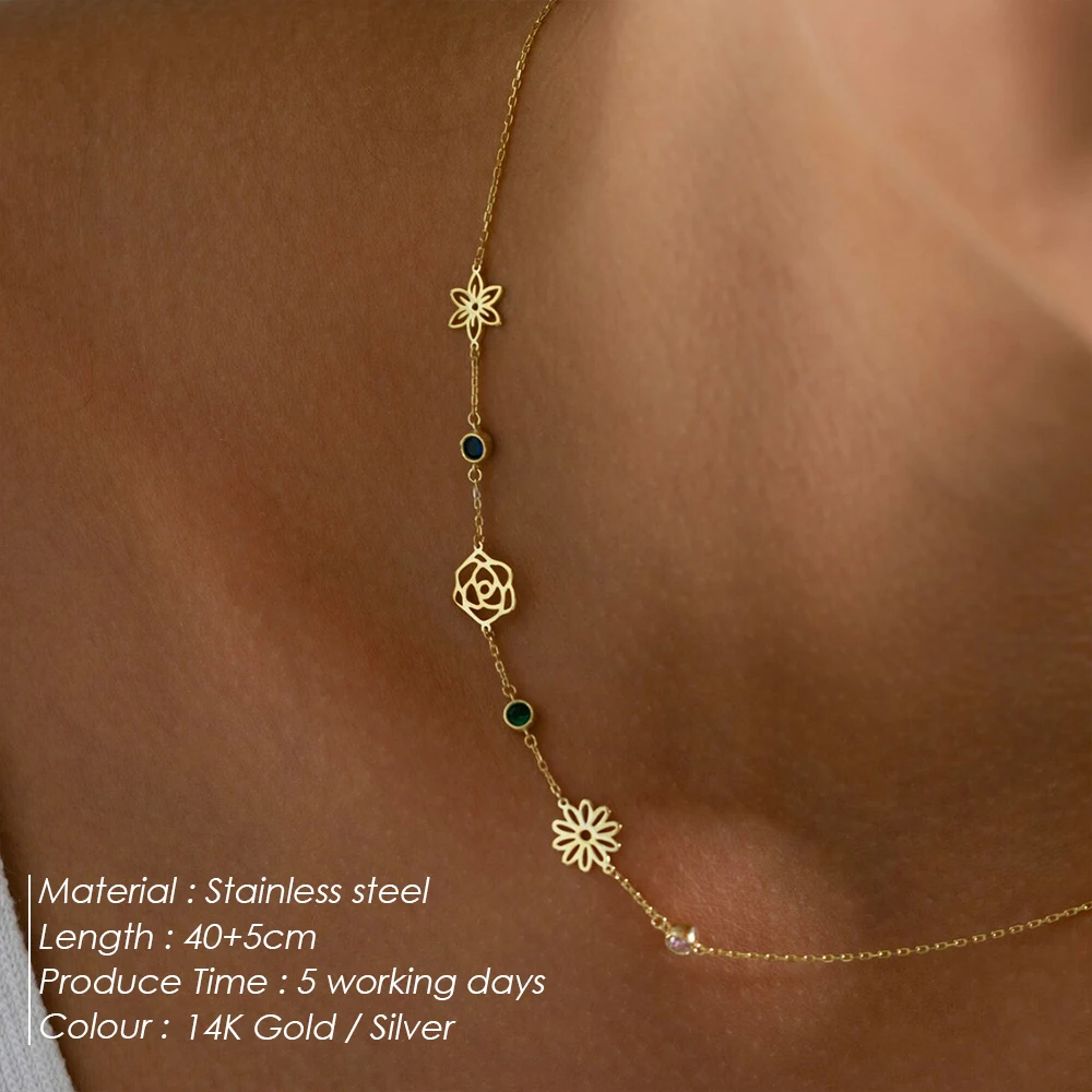 EMANCO  Customized Stainless Steel Botanical Flower Necklace Colorful Rhinestone Women's Fashion Necklaces Jewelry Holiday