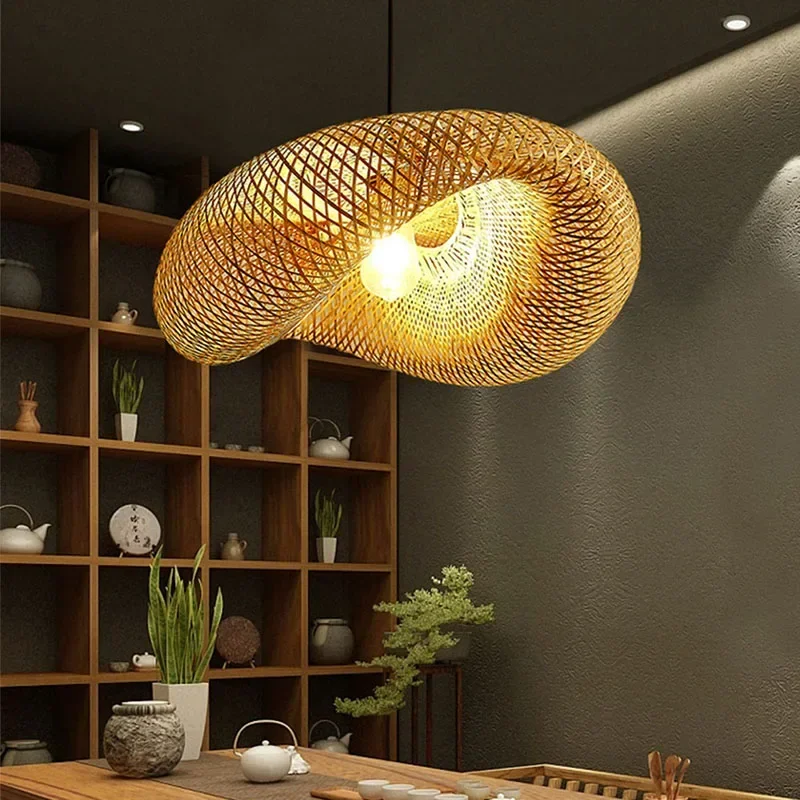 Led Pendant Lamp Ceiling Chandelier Bamboo Weaving Lights for Living Room Dining Handmade Modern Art Rattan Lampshade Restaurant