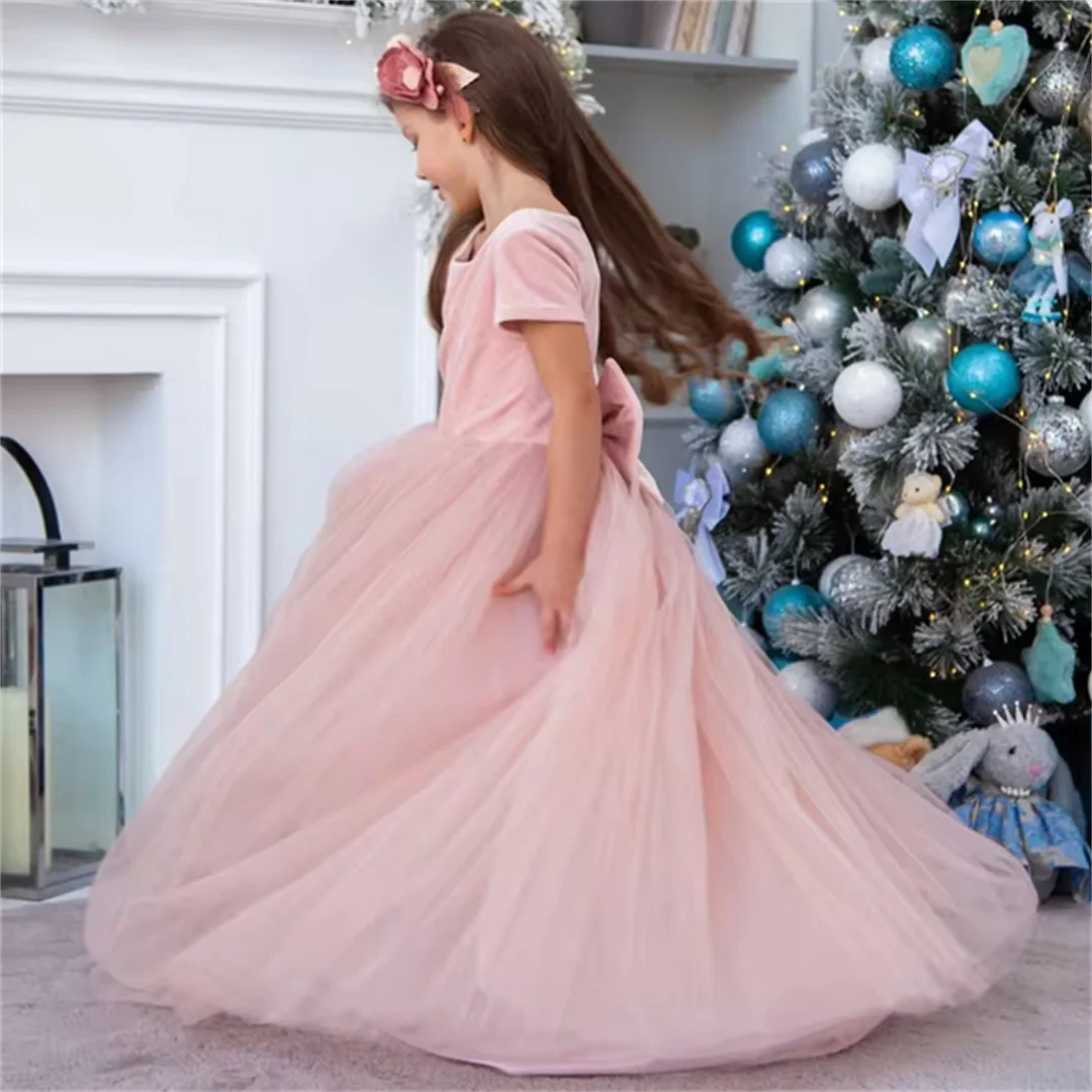 Pink Flower Girl Dresses Tulle Puffy Satin With Bow Short Sleeve For Wedding Birthday First Communion GPink Flower Girl Dresowns