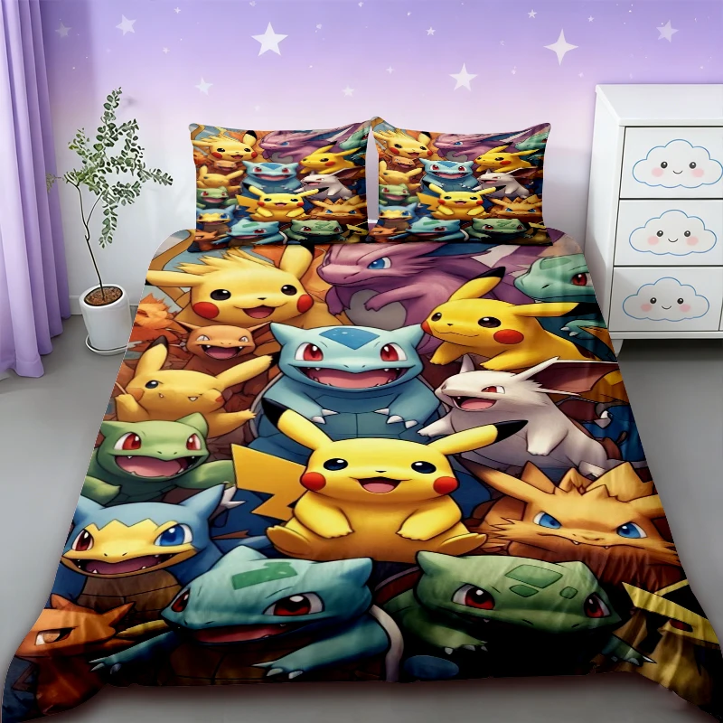 

Pikachu 3pcs Duvet Cover Cute Pokemon Bedding Set Quilt Covers Comforter Cover Queen King Size for Teens Bedroom Bed Decor
