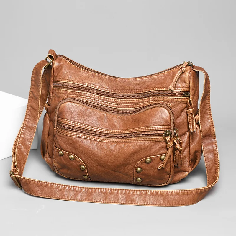 Annmouler projektant kobiet torba Crossbody Vintage miękka skórzana torba na ramię multi-kieszenie torba nit Sac głównej Femme