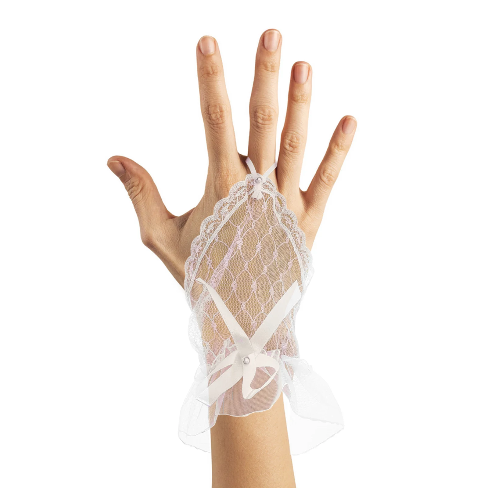 Guantes de encaje sin dedos para mujer, guantes blancos de malla transparente con lazo y diamantes de imitación, guantes de novia para boda, accesorios para fiesta de té para damas de honor