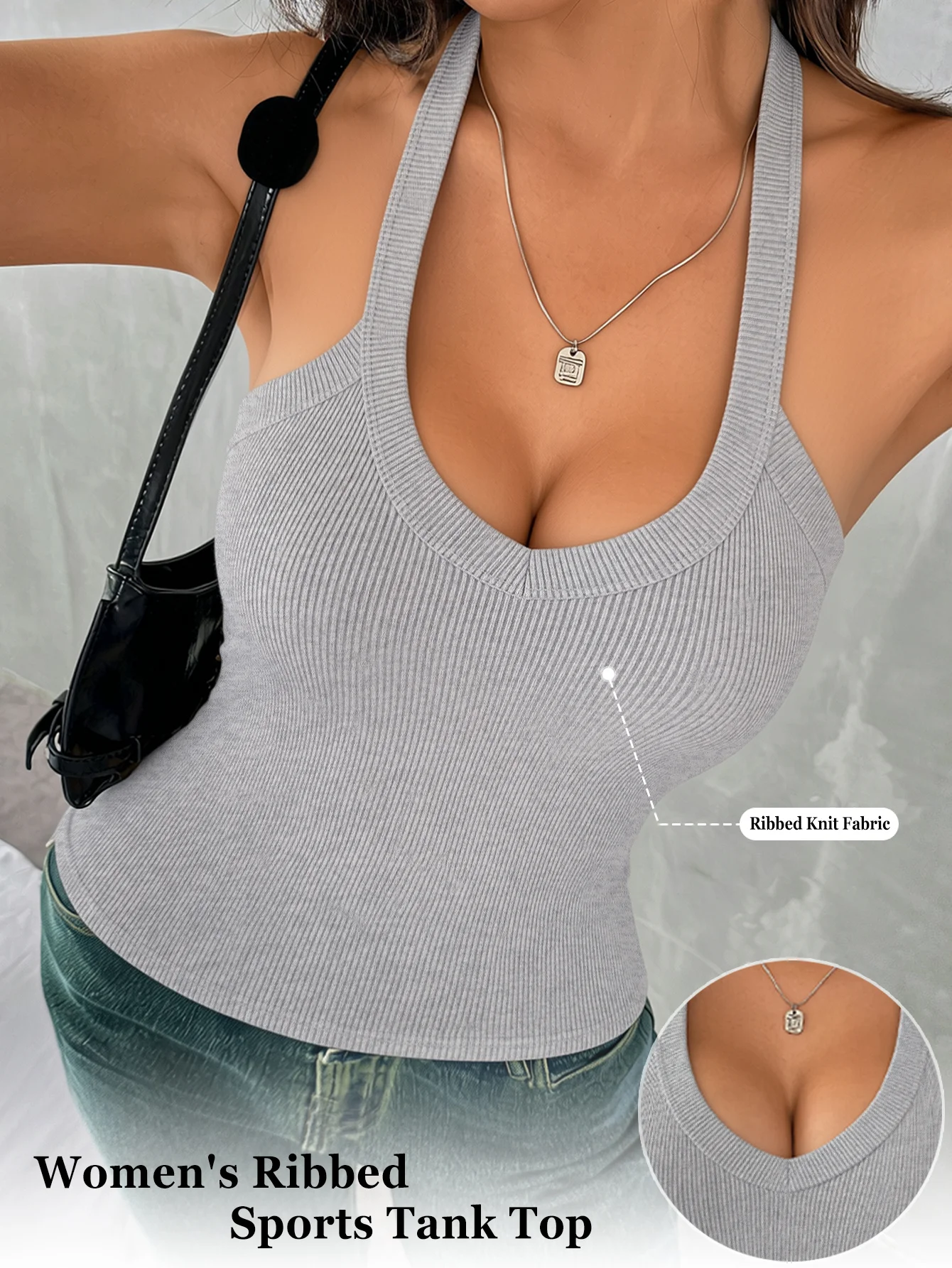 Basic Halter Sports Cami, Ribbed Knit V-neck Top, Slim & Versatile