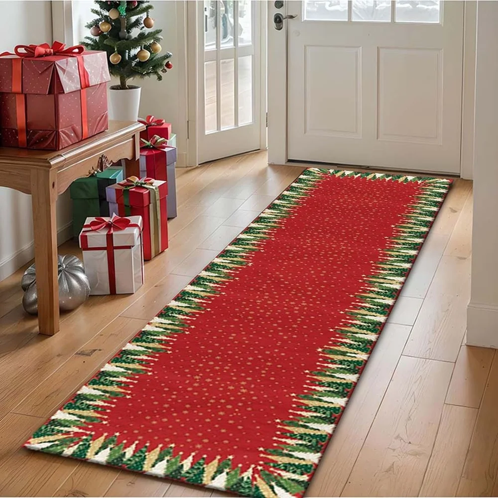 1Pc Christmas Themed Red Christmas Tree Border Printed Long Carpet, American Christmas Corridor Carpet, Suitable for Kitchen, Bedroom, Foyer, Balcony, Entrance, Bedside, and Holiday Party Settings