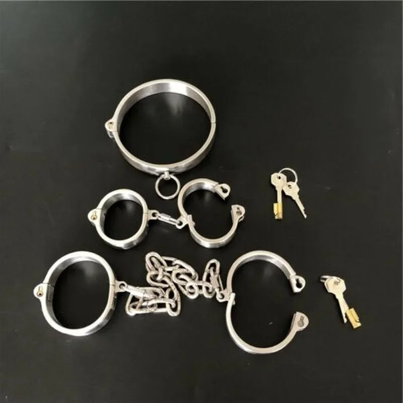 Stainless Steel Lockable Neck Collar Hand Ankle Cuffs Slave BDSM Tool Bondage Handcuffs Leg Irons Restraints Sex Toy for Couples