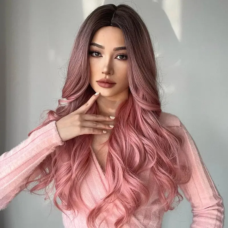 Lolita Pink Hair Long Wavy Synthetic Wigs Middle Part Dark Root Curly Wigs for Women Natural Daily Heat Resistant Fiber Wigs