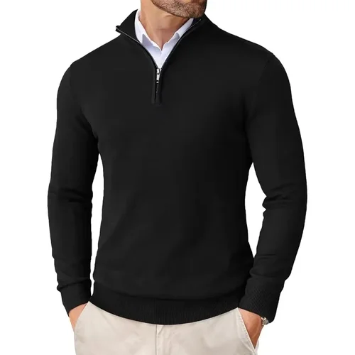 Imagen 2 del producto Otoño hombres cuarto con cremallera suéteres Slim Fit ligero al aire libre cuello simulado pulóver suéteres medio cuello alto ropa informal de punto