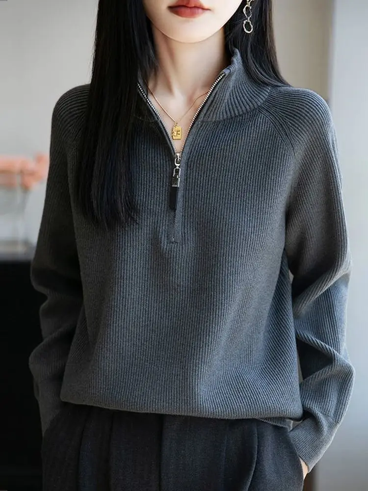 

Модный вязаный свитер с высоким воротником на молнии для женщин, большие размеры, осенне-зимний, в повседневном стиле, свободный крой