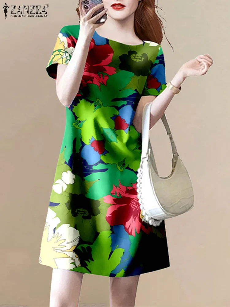 Summer Stylish Floral Printed Dress ZANZEA Women Elegant Casual Holiday Party Dress Short Sleeve Beach Vestidos Knee-length Robe