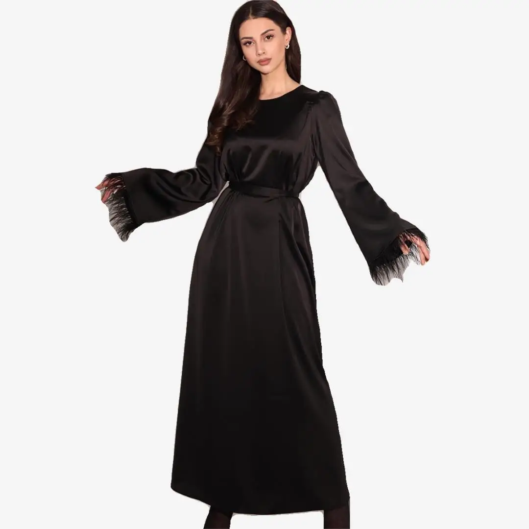 ชุดเดรสผ้าซาตินยาวสำหรับผู้หญิง แขนเสื้อแต่งขนนก คอทรงกลม กระโปรงทรงเอ เอวสูง แฟชั่นฤดูร้อน 2024