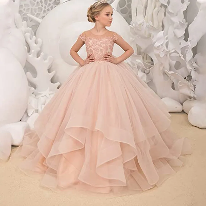 Abiti da ragazza di fiori per matrimonio principessa pizzo maniche corte Fluffy Appliqué Backless lungo prima comunione abiti da ballo di compleanno